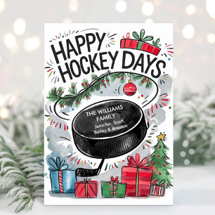 Tarjeta de Navidad de Hockey con Apellido de Famil