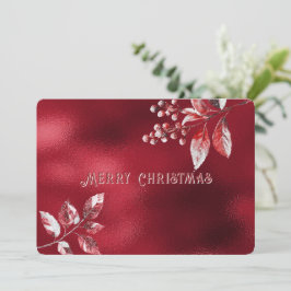 Tarjeta de Navidad de hojas rojas nevadas