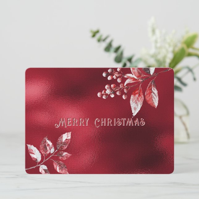 Tarjeta de Navidad de hojas rojas nevadas (Anverso de pie)