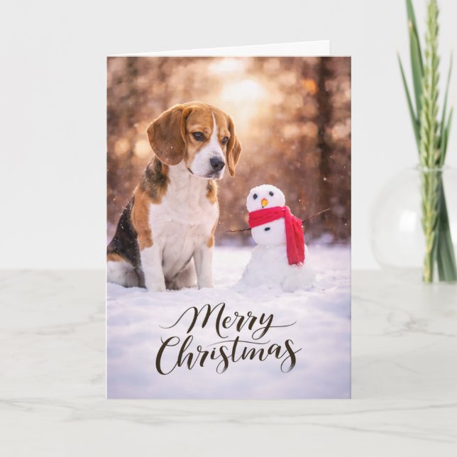 Tarjeta de Navidad de Hombre de Nieve con Beagle (Anverso)