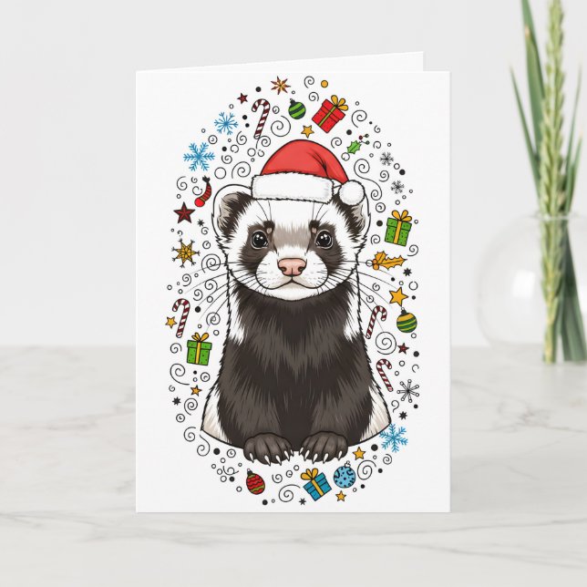 Tarjeta de Navidad de Hurón Adorable con Gorro de  (Anverso)