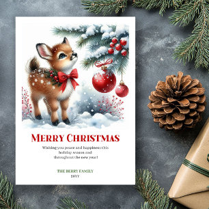 Tarjeta de Navidad de invierno con ciervo en acuar