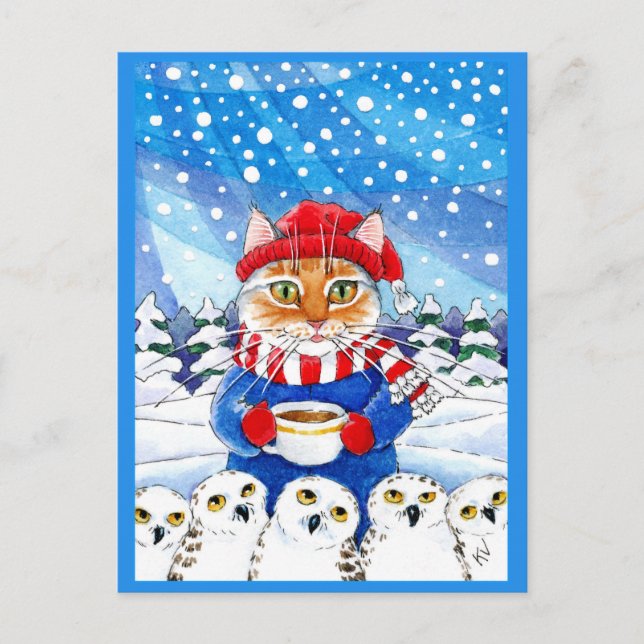 Tarjeta de Navidad de invierno con gato lindo y bú (Anverso)