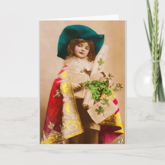 Tarjeta de Navidad de la chica del trébol con capa (Anverso)