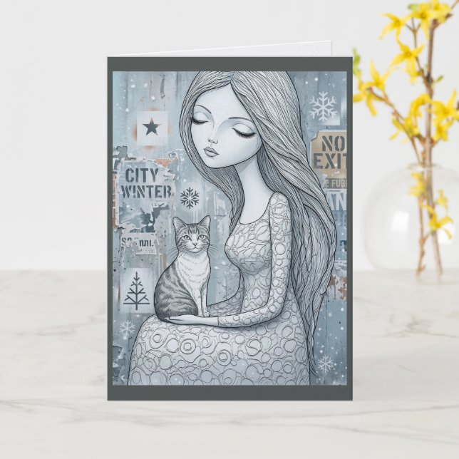 Tarjeta de Navidad de la Doncella Invernal Gato Fa (flor amarilla)