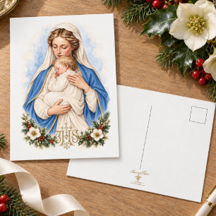 Tarjeta de Navidad de la Madonna y el Niño con IHS