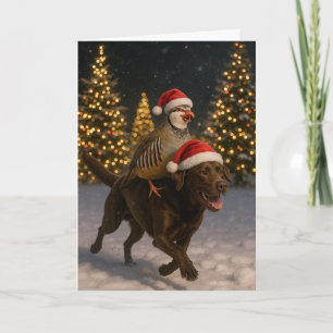 Tarjeta de Navidad de Labrador chocolate y perdiz