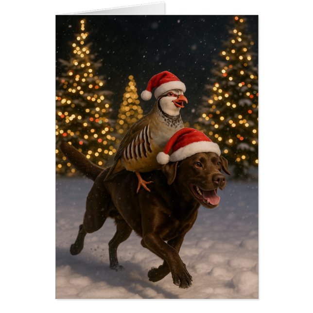 Tarjeta de Navidad de Labrador de chocolate y perd (Frente)
