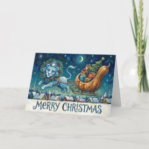 Tarjeta de Navidad de León Caprichoso Tirando de u