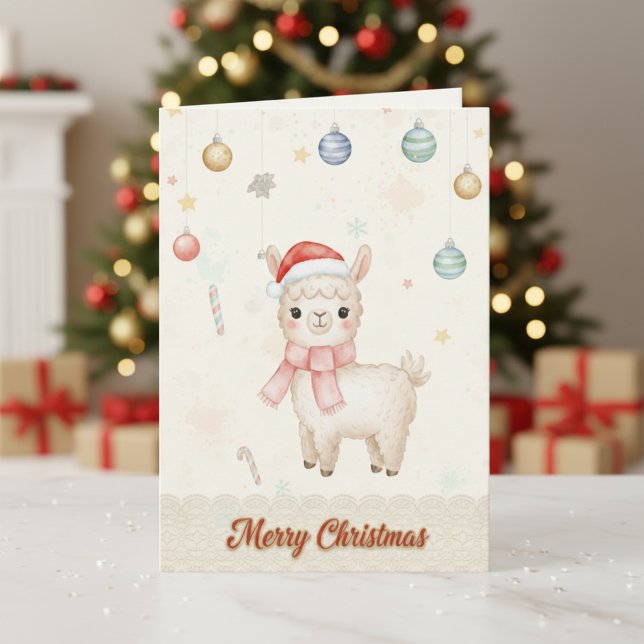 Tarjeta de Navidad de Llama Adorable (Cute Christmas Llama Holiday Card - Watercolor Festive Greeting Card)