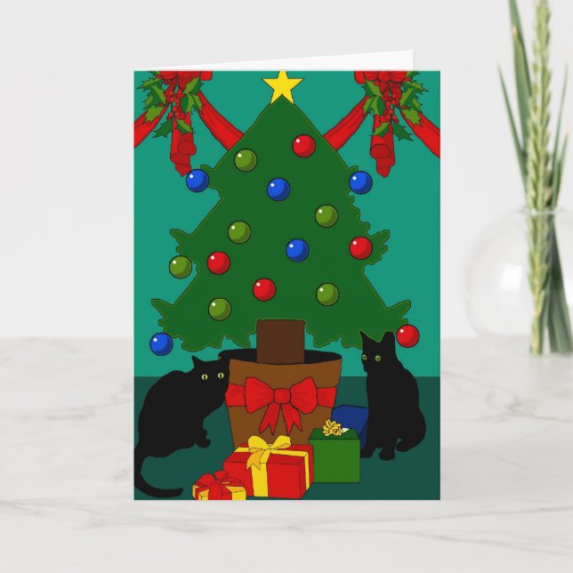 Tarjeta de Navidad de los gatos y del árbol (Anverso)