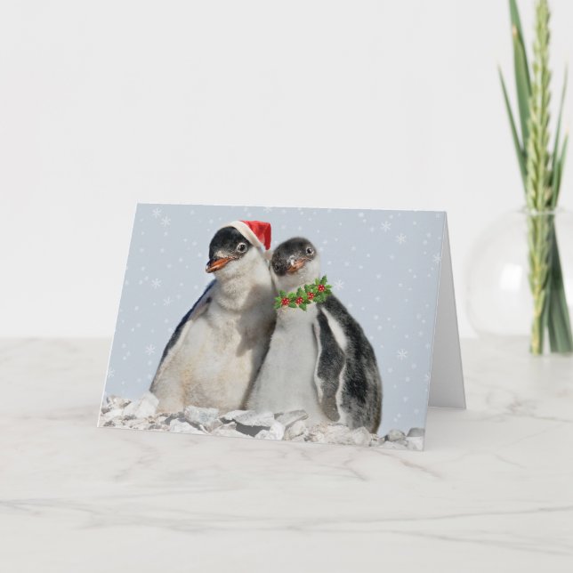Tarjeta de Navidad de los pingüinos del fiesta (Anverso)