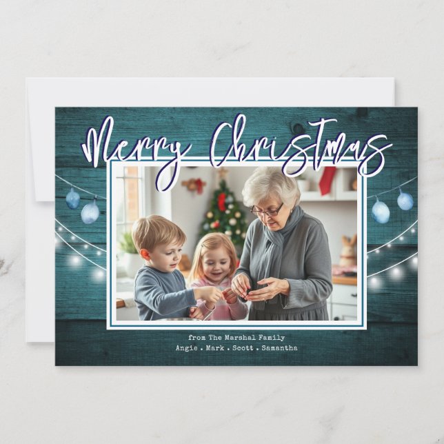 Tarjeta de Navidad de Madera Rústica con Fotos (Anverso)