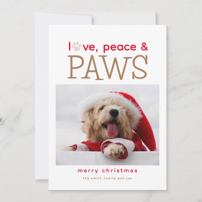 Tarjeta de Navidad de mascotas Amor Paz y Patas (Anverso)