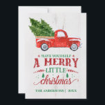 Tarjeta de navidad de merry de camionetas rojas de<br><div class="desc">Camión de Navidades rojos con caída de nieve y saludo de vacaciones. Personaliza con el nombre de tu familia y el texto del mensaje.</div>