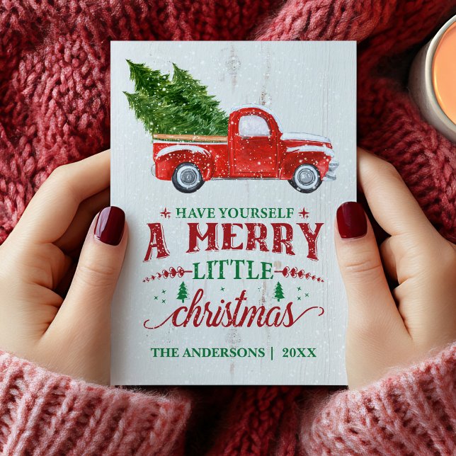 Tarjeta de navidad de merry de camionetas rojas de (Vintage Red Truck Christmas Card)