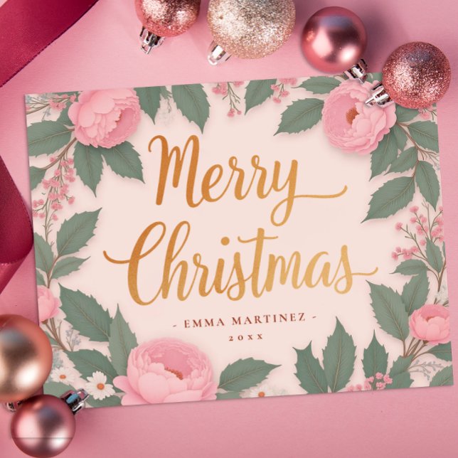 Tarjeta de navidad de merry elegante con flores ro (Floral Christmas Card)