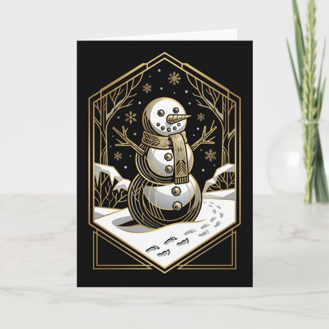 Tarjeta de Navidad de Muñeco de Nieve Art Deco (Anverso)