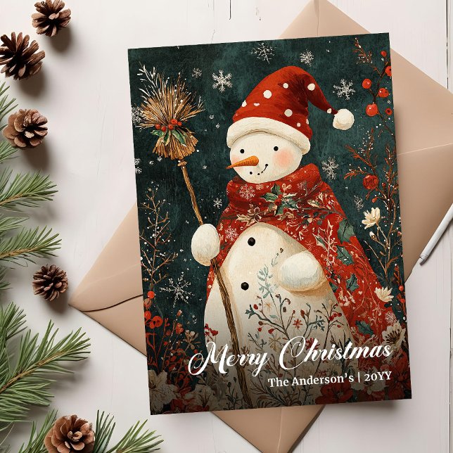 Tarjeta de Navidad de Muñeco de Nieve Clásico (Old Fashioned Christmas Snowman Holiday Card)