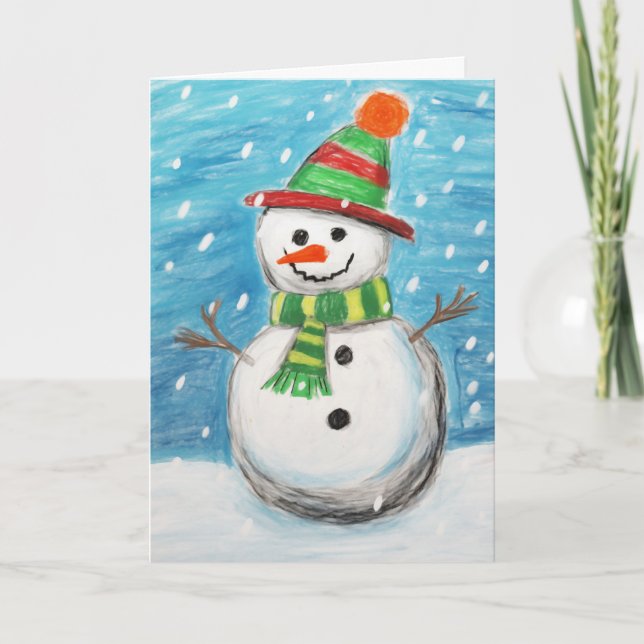 Tarjeta de Navidad de Muñeco de Nieve con Crayón F (Anverso)