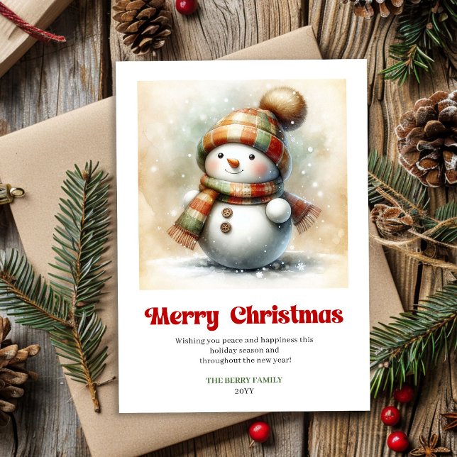 Tarjeta de Navidad de muñeco de nieve editable y a (Cute editable Christmas snowman watercolor greeting)