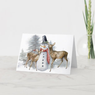 Tarjeta de Navidad de Muñeco de Nieve en el Bosque