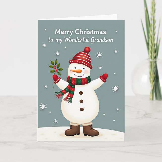 Tarjeta de Navidad de Muñeco de Nieve para Nieto (Anverso)