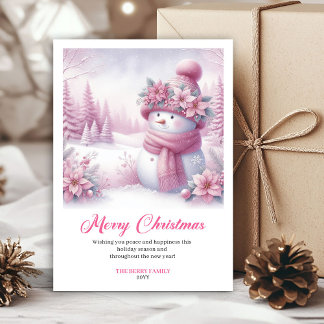 Tarjeta de Navidad de Muñeco de Nieve Rosa Lindo p