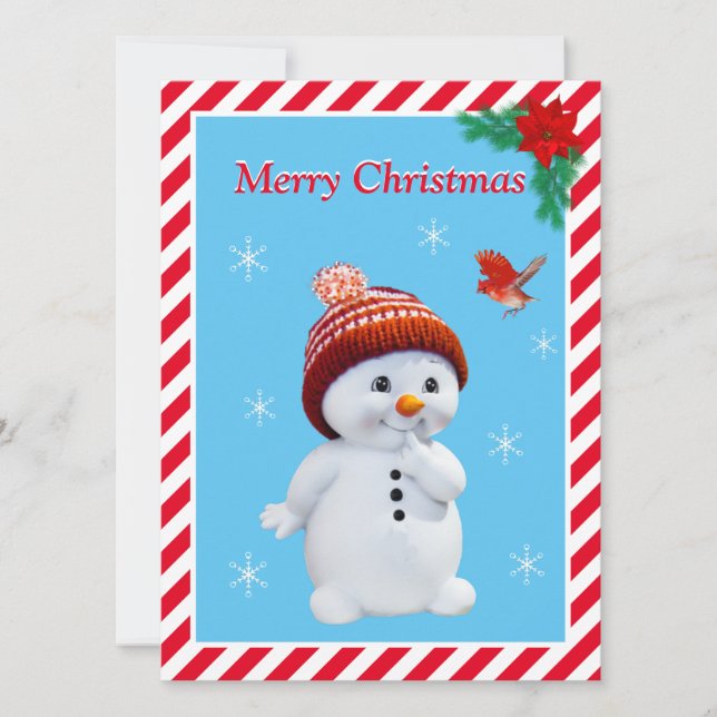 Tarjeta de Navidad de muñeco de nieve y pájaro roj (Anverso)