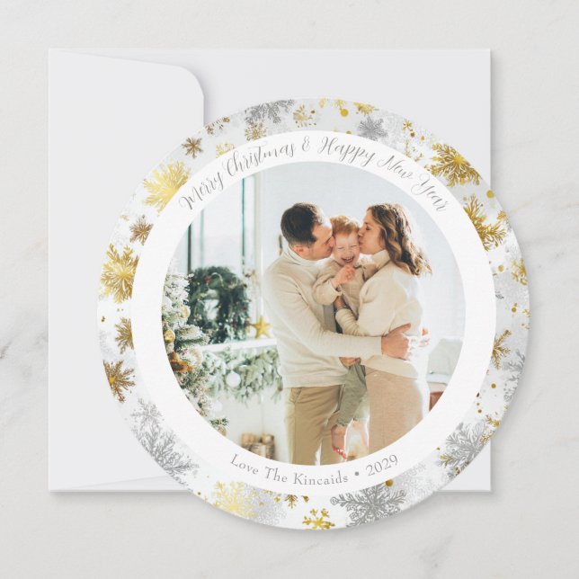 Tarjeta de Navidad de Nieve con Copos de Oro y Pla (Anverso)