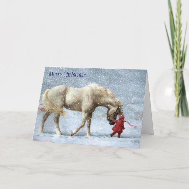 Tarjeta de Navidad de niña y caballo (Anverso)