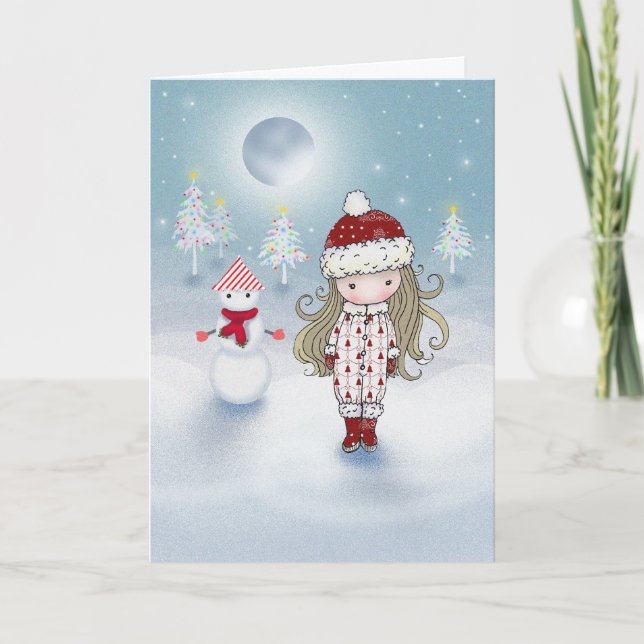 Tarjeta de Navidad de Niña y Muñeco de Nieve (Anverso)