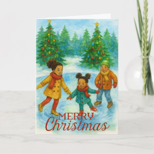 Tarjeta de Navidad de niños negros patinando sobre