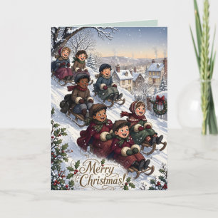 Tarjeta de Navidad de niños victorianos en trineo