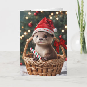 Tarjeta de Navidad de nutria bebé en una cesta