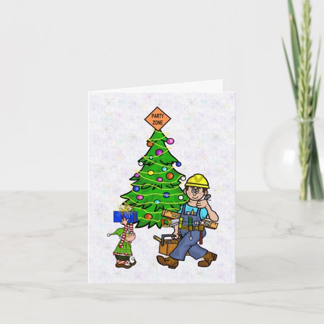 Tarjeta de Navidad de Obrero de Construcción y Elf (Anverso)