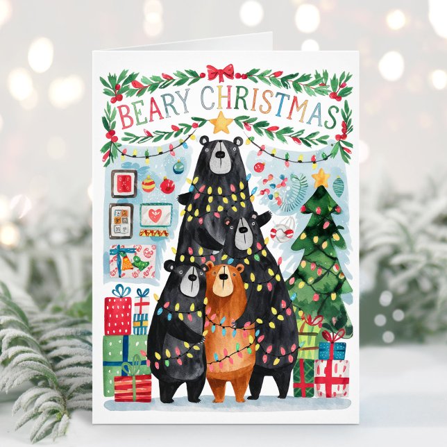 Tarjeta de Navidad de Ositos Adorables (Folded Beary Christmas Bears Christmas Card - Personalize with your greeting and names.)