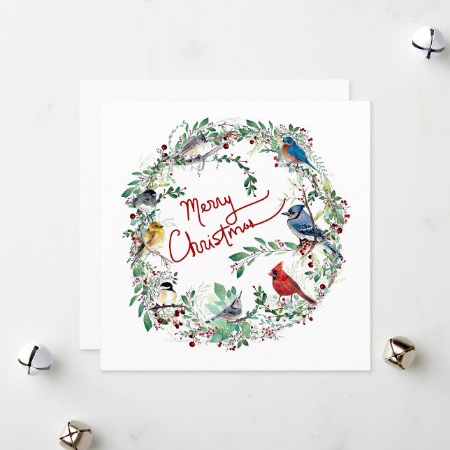 Tarjeta de Navidad de Pájaro y Corona (Merry Christmas Bird And Wreath Holiday Card from Jenn Steffen Art.)
