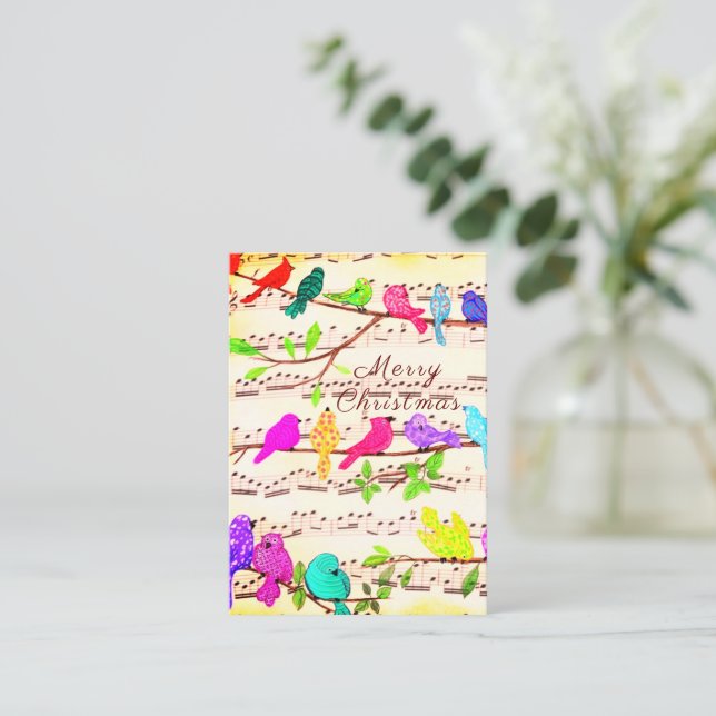 Tarjeta de Navidad de pájaros musicales coloridos (Anverso de pie)