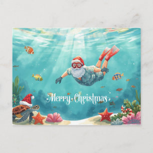 Tarjeta de Navidad de Papá Noel buceando bajo el a