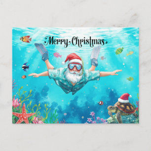 Tarjeta de Navidad de Papá Noel buceando bajo el a