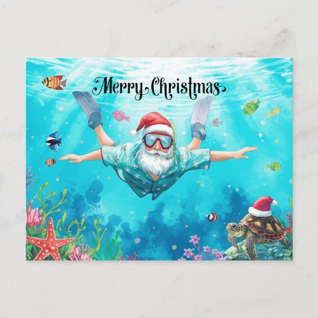 Tarjeta de Navidad de Papá Noel buceando bajo el a (Anverso)