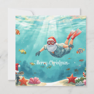 Tarjeta de Navidad de Papá Noel buceando bajo el a
