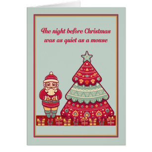 Tarjeta de Navidad de Papá Noel con árbol y regalo