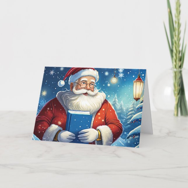 Tarjeta de Navidad de Papá Noel con Libro Grande (Anverso)