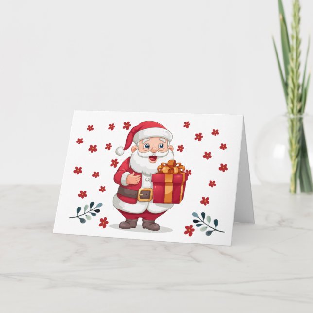 Tarjeta de Navidad de Papá Noel lindo y flores (Anverso)