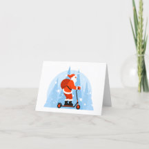 Tarjeta de Navidad de Papá Noel montando scooter