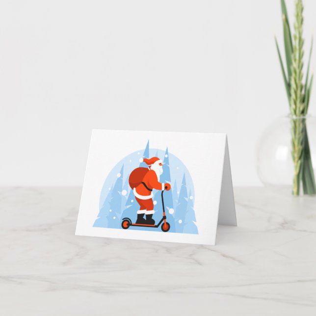 Tarjeta de Navidad de Papá Noel montando scooter (Anverso)