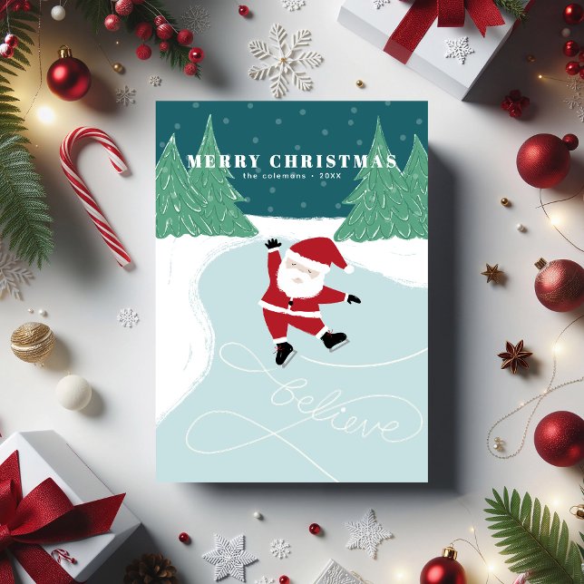 Tarjeta de Navidad de Papá Noel Patinando - Tarjet (Flat Christmas card with Santa ice-skating on a lake. Illustrated by Clearlytangled Studio.)