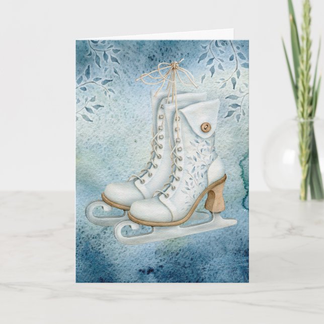 Tarjeta de Navidad de patines de hielo antiguos (Anverso)